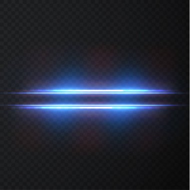 Neon ve mavi ışık demetleri. Aydınlatılmış yatay neon lazer. Şeffaf bir arkaplanda izole edilmiş tasarım için ışık şeffaf gerçekçi ışınların toplanması. Yatay optik mercek patlaması. Vektör illüstrasyonu.