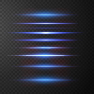 Neon ve mavi ışık demetleri. Aydınlatılmış yatay neon lazer. Şeffaf bir arkaplanda izole edilmiş tasarım için ışık şeffaf gerçekçi ışınların toplanması. Yatay optik mercek patlaması. Vektör illüstrasyonu.