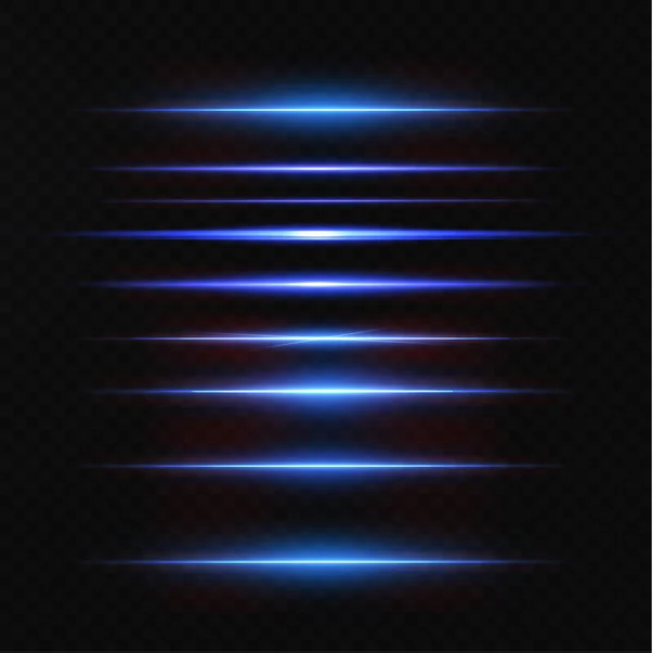 Rayos Luz Neón Azul Láser Neón Horizontal Iluminado Colección Rayos — Vector de stock