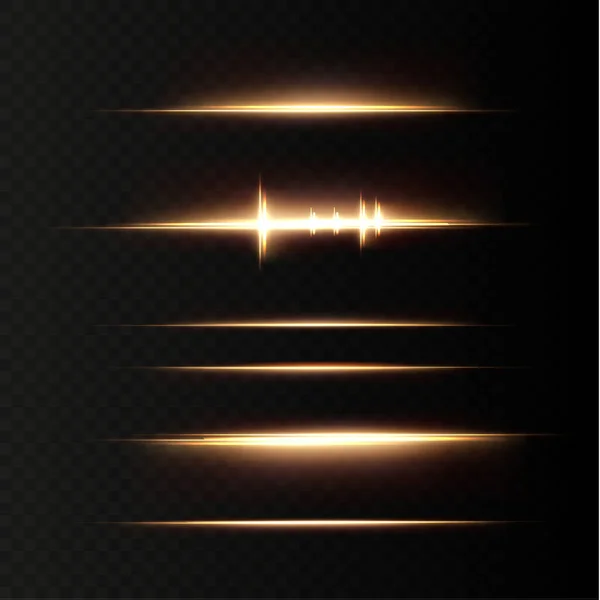 Pacote Flares Lente Horizontal Dourada Raios Laser Raios Luz Horizontais — Vetor de Stock