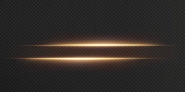 Altın yatay mercek fişekleri paketi. Lazer ışınları, yatay ışık ışınları. Güzel ışık fişekleri. Işık arka planında parlak çizgiler. Parlak, soyut, ışıl ışıl bir arka plan.