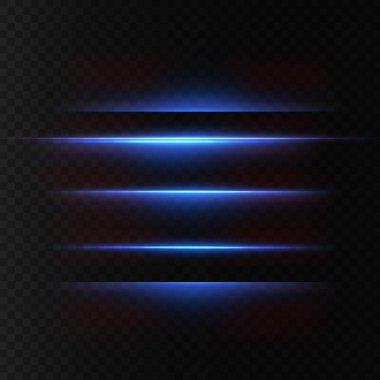 Neon ve mavi ışık demetleri. Aydınlatılmış yatay neon lazer. Şeffaf bir arkaplanda izole edilmiş tasarım için ışık şeffaf gerçekçi ışınların toplanması. Yatay optik lens parlaması.