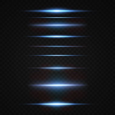 Neon ve mavi ışık demetleri. Aydınlatılmış yatay neon lazer. Şeffaf bir arkaplanda izole edilmiş tasarım için ışık şeffaf gerçekçi ışınların toplanması. Yatay optik lens parlaması.