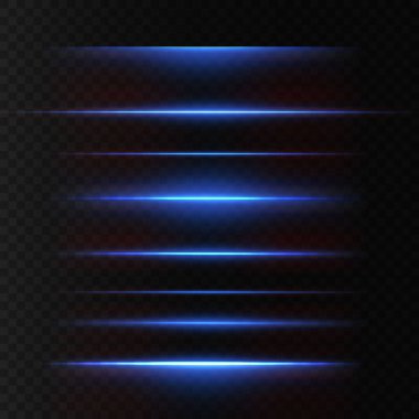 Neon ve mavi ışık demetleri. Aydınlatılmış yatay neon lazer. Şeffaf bir arkaplanda izole edilmiş tasarım için ışık şeffaf gerçekçi ışınların toplanması. Yatay optik lens parlaması.