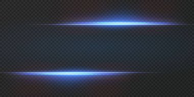 Neon ve mavi ışık demetleri. Aydınlatılmış yatay neon lazer. Şeffaf bir arkaplanda izole edilmiş tasarım için ışık şeffaf gerçekçi ışınların toplanması. Yatay optik lens parlaması.