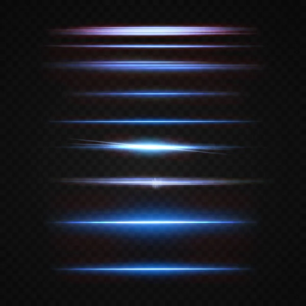 Rayos Luz Neón Azul Láser Neón Horizontal Iluminado Colección Rayos — Vector de stock