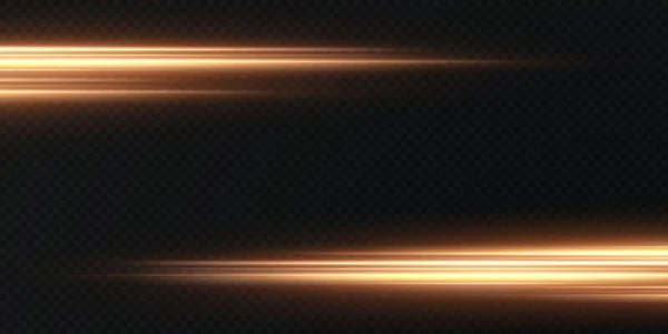 ゴールド水平レンズフレアパック レーザービーム 水平光線 美しい光のフレア 光の背景に光る縞 明るい抽象的な輝く線の背景 — ストックベクタ