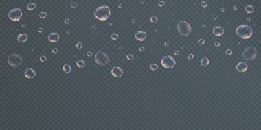 Gerçekçi sabun köpükleri koleksiyonu. Kabarcıklar şeffaf bir arkaplanda yer alır. Vektör uçan sabun köpükleri