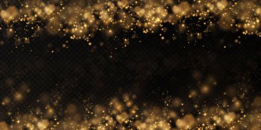 Şeffaf bir zemin üzerinde altın parıldayan yıldızlı altın tozlar. Parlak bir doku. Zengin kartı karşılamak için Noel efekti.