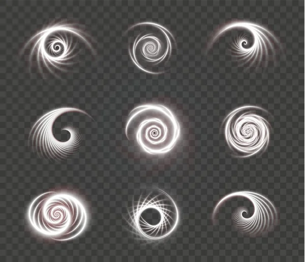 Set van lichtgevende witte spiralen op een transparante — Stockvector