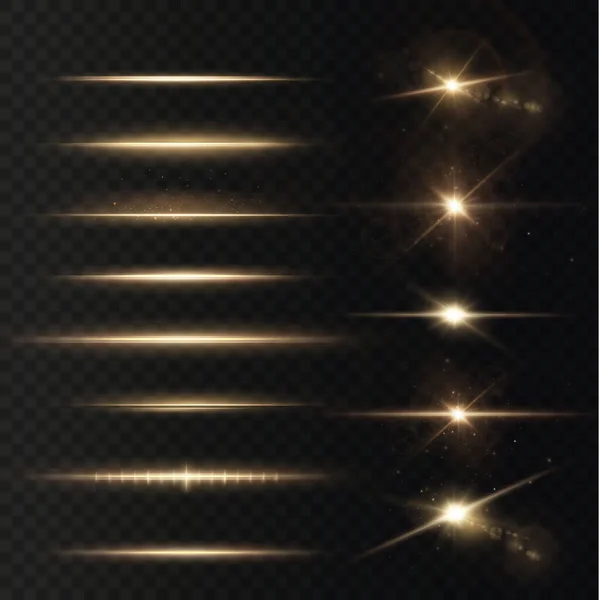 ゴールド水平レンズフレアパック レーザービーム 水平光線 美しい光のフレア 光の背景に光る縞 明るい抽象的な輝く線の背景 — ストックベクタ