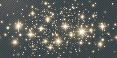 Şeffaf bir zemin üzerinde altın parıldayan yıldızlı altın tozlar. Parlak bir doku. Zengin kartı karşılamak için Noel efekti. 