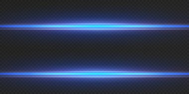 Neon ve mavi ışık demetleri. Aydınlatılmış yatay neon lazer. Şeffaf bir arkaplanda izole edilmiş tasarım için ışık şeffaf gerçekçi ışınların toplanması. Yatay optik lens parlaması.