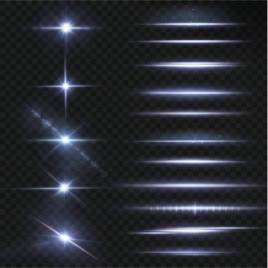 Neon ve mavi ışık demetleri. Aydınlatılmış yatay neon lazer. Şeffaf bir arkaplanda izole edilmiş tasarım için ışık şeffaf gerçekçi ışınların toplanması. Yatay optik lens parlaması.