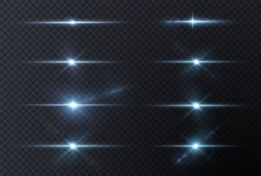 Neon ve mavi ışık demetleri. Aydınlatılmış yatay neon lazer. Şeffaf bir arkaplanda izole edilmiş tasarım için ışık şeffaf gerçekçi ışınların toplanması. Yatay optik lens parlaması.