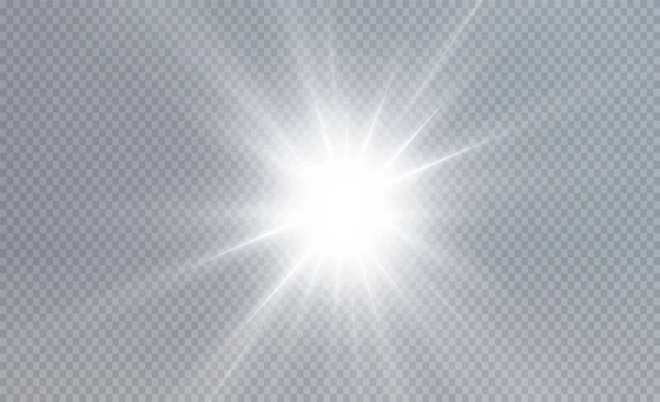 Słońce Świeci Jasnymi Promieniami Światła Realistycznym Blaskiem Jasna Gwiazda Przezroczystym — Wektor stockowy