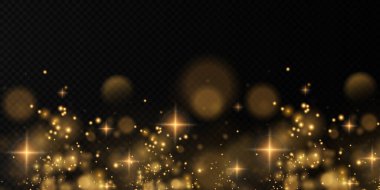 Şeffaf bir zemin üzerinde altın parıldayan yıldızlı altın tozlar. Parlak bir doku. Zengin kartı karşılamak için Noel efekti. 