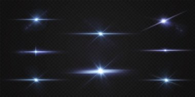 Neon ve mavi ışık demetleri. Aydınlatılmış yatay neon lazer. Şeffaf bir arkaplanda izole edilmiş tasarım için ışık şeffaf gerçekçi ışınların toplanması. Yatay optik lens parlaması.