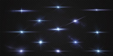 Neon ve mavi ışık demetleri. Aydınlatılmış yatay neon lazer. Şeffaf bir arkaplanda izole edilmiş tasarım için ışık şeffaf gerçekçi ışınların toplanması. Yatay optik lens parlaması.