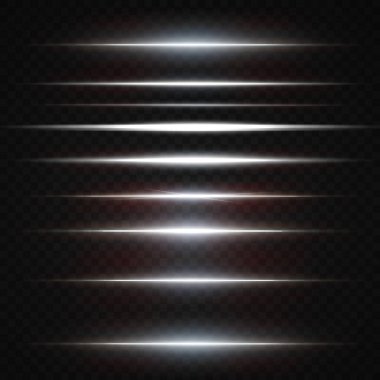  Yatay mercek fişekleri paketi. Lazer ışınları, yatay ışık ışınları. Güzel ışık fişekleri. Işık arka planında parlak çizgiler. Koleksiyon efekti açık beyaz çizgi 