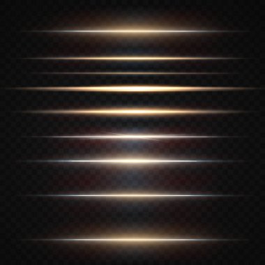  Yatay mercek fişekleri paketi. Lazer ışınları, yatay ışık ışınları. Güzel ışık fişekleri. Işık arka planında parlak çizgiler. Koleksiyon efekti açık beyaz çizgi 