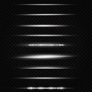 Beyaz yatay lensler parlıyor. Lazer ışınları, yatay ışık ışınları. Güzel ışık fişekleri. Işık arka planında parlak çizgiler. Koleksiyon efekti açık beyaz çizgi 