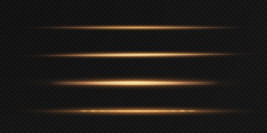 Altın yatay mercek fişekleri paketi. Lazer ışınları, yatay ışık ışınları. Güzel ışık fişekleri. Işık arka planında parlak çizgiler. Parlak, soyut, ışıl ışıl bir arka plan.