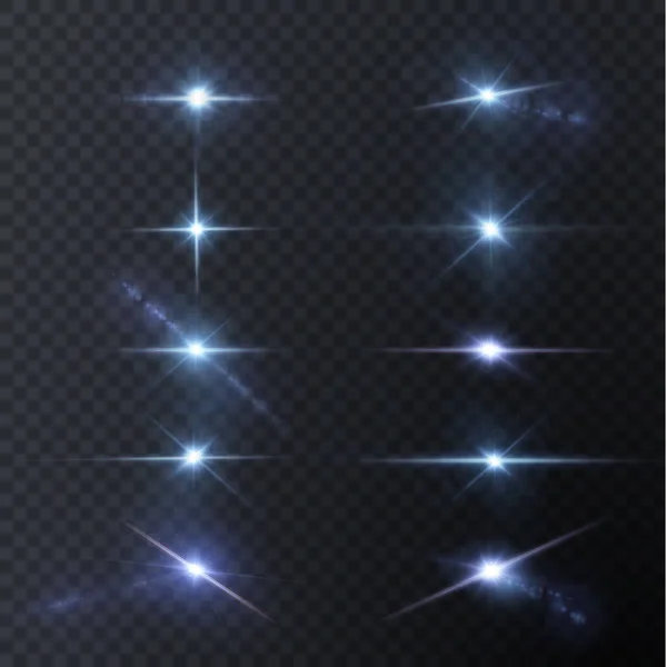 Сияющие Неоновые Звезды Изолированы Черном Фоне Эффекты Блики Линз Блеск — стоковый вектор