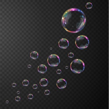 Gerçekçi sabun köpükleri koleksiyonu. Kabarcıklar şeffaf bir arkaplanda yer alır. Vektör uçan sabun köpükleri