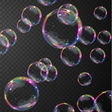 Gerçekçi sabun köpükleri koleksiyonu. Kabarcıklar şeffaf bir arkaplanda yer alır. Vektör uçan sabun köpükleri