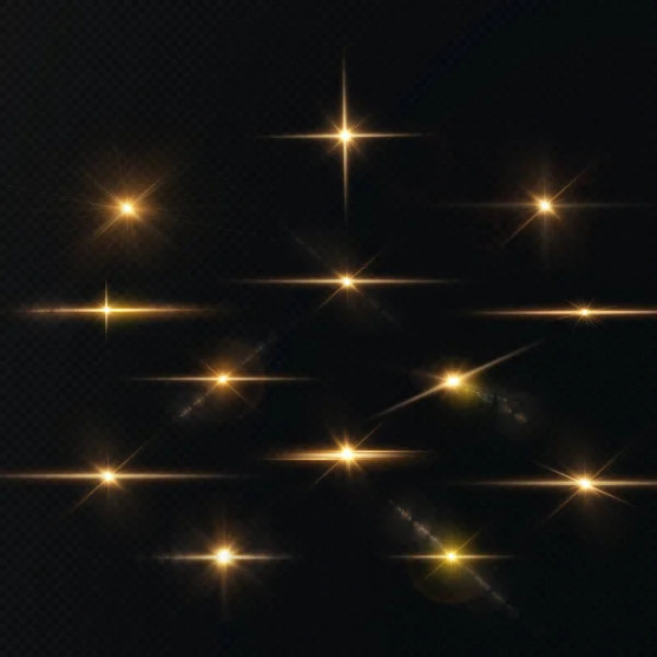 透明な背景にグレアと閃光が隔離された光の水平黄金の色の光線 フェスティバルセット光レーザー抽象 グレアのあるゴールドカラーライトスター — ストックベクタ
