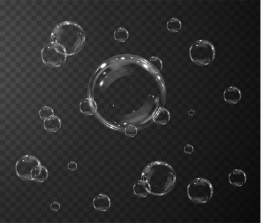 Gerçekçi sabun köpükleri koleksiyonu. Kabarcıklar şeffaf bir arkaplanda yer alır. Vektör uçan sabun köpükleri