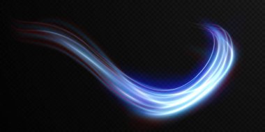 Şeffaf bir arkaplanda parlak mavi dalgalı bir ışık çizgisi. Neon ışığı, elektrik ışığı, ışık efekti png. Eğri pembe çizgi png oyunlar için, video, fotoğraf, çağrı, HUD. İzole vektör illüstrasyonu.