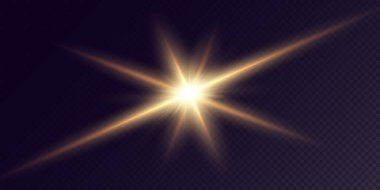 Şeffaf bir arkaplanda ışık saçan ve parıldayan, yatay, altın renkli ışık huzmeleri. Şenlik, lazer soyutlamasını ayarladı. Kutlama için altın renkli parlak bir yıldız..