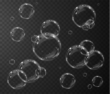 Gerçekçi sabun köpükleri koleksiyonu. Kabarcıklar şeffaf bir arkaplanda yer alır. Vektör uçan sabun köpükleri