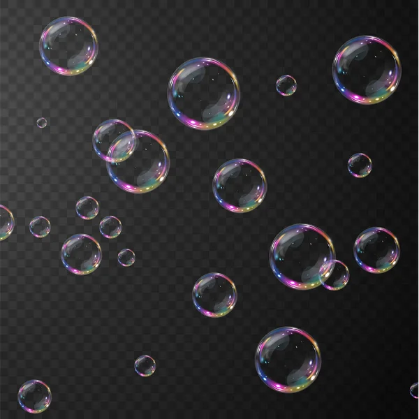 Sbírka Realistických Mýdlových Bublin Bubliny Jsou Umístěny Průhledném Pozadí Vektorové — Stockový vektor