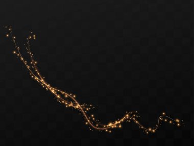 Golden shimmering waves with glowing light effects, isolated on black background. Elegant abstract vector stock illustration