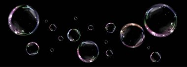 collection of realistic soap bubbles floating on a transparent background. A vector illustration featuring delicate, glass-like bubbles suspended in midair.