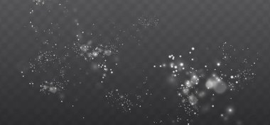 White dust light with bokeh effect. Christmas background featuring glowing dust, festive light bokeh, confetti, and sparkling overlay texture perfect for your design. Stock illustration.