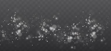 White dust light with bokeh effect. Christmas background featuring glowing dust, festive light bokeh, confetti, and sparkling overlay texture perfect for your design. Stock illustration.