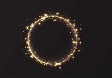 Glowing gold swirl with star shapes, lens flare, and sparkling light beams. A luxurious, ethereal vector design with neon colors and a transparent background, perfect for elegant themes.