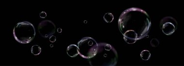  iridescent bubble floating mid-air against a black background, reflecting vibrant colors and light effects. Transparent, textured, and dynamic, capturing motion, beauty, and playful energy