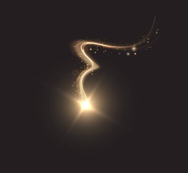 Radiant golden swirl glows against a deep black background, shimmering with sparkling light effects. Perfect for elegant and striking stock illustrations.