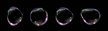 collection of realistic soap bubbles floating on a transparent background. A vector illustration featuring delicate, glass-like bubbles suspended in midair.