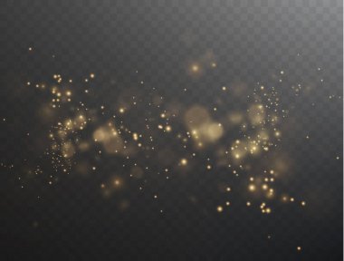 Abstract golden bokeh lights on a dark transparent background. Shining stars, glares, and realistic glitter effects. Perfect footage for your design. Vector stock illustration.
