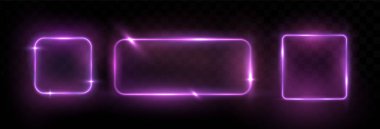 Set of neon signs with rectangular and square frames, glowing light borders, and illuminated bulb banners. Vector stock design