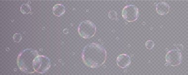 Şeffaf, yanardöner yüzeyli gerçekçi sabun baloncukları içeren stok illüstrasyonu taze, oyuncu veya temiz temalı tasarımlar için idealdir..