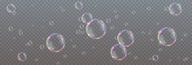 Şeffaf, yanardöner yüzeyli gerçekçi sabun baloncukları içeren stok illüstrasyonu taze, oyuncu veya temiz temalı tasarımlar için idealdir..