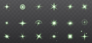 Bright green stars with glowing light effects. Includes transparent sparkles, lens flares, glitter, explosions, sun flashes, sparks, and starbursts. Abstract sunlight and special effects stock