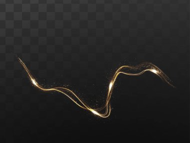 Golden shimmering waves with glowing light effects, isolated on black background. Elegant abstract vector stock illustration